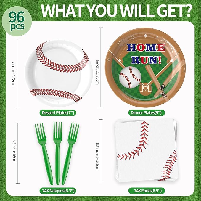 96Pcs Baseball Plates and Napkins Party Supplies- Baseball Birthday Paper Plates Napkins Forks Disposable Dinnerware Party Decor for Baseball Fans Baby Shower Birthday Gatherings Serves 24