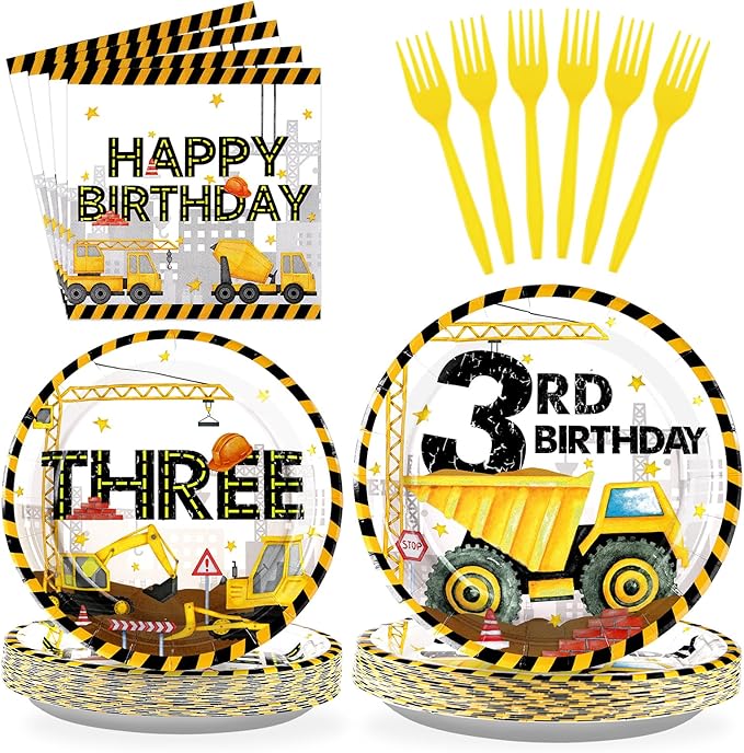 96 Pcs Construction 3rd Birthday Party Supplies Construction Plates Napkins Forks Tableware Set Excavator 3rd Birthday Decorations for Boys Dump Truck Theme 3 Year Old birthday Decorations Serves 24