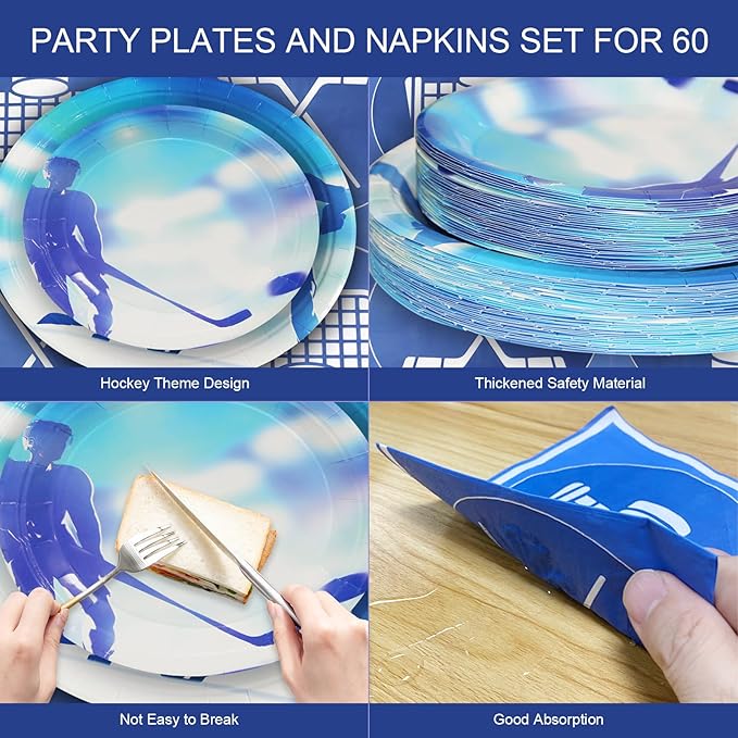 180Pcs Ice Hockey Party Supplies Paper Plates and Napkins Serve 60 Disposable Tableware Set for Birthday Party Decorations Game Day Family Holiday Sports Events