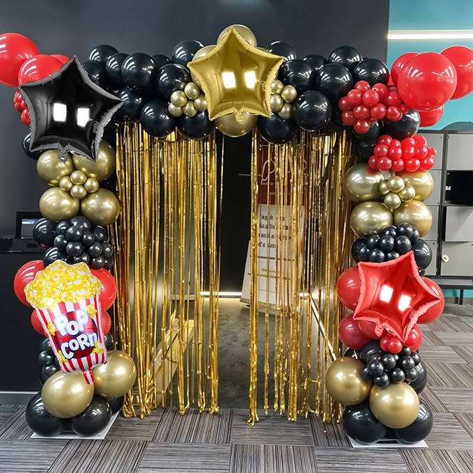 Movie Night Balloon Garland Arch Kit, Red Black Metallic Gold Confetti Balloons with Star Foil Popcorn Balloons for Birthdays Movie Theme Film Party Anniversaries Decorations