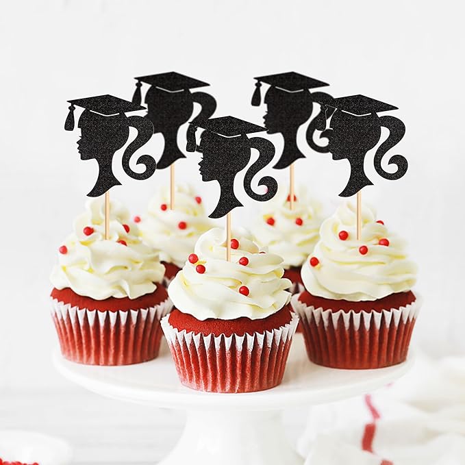 24pcs 2026 Black Female Student Graduation Cupcake Toppers Girls Graduate Silhouette Cupcake Picks 2026 Students Graduation Theme Party Cake Decorations Supplies