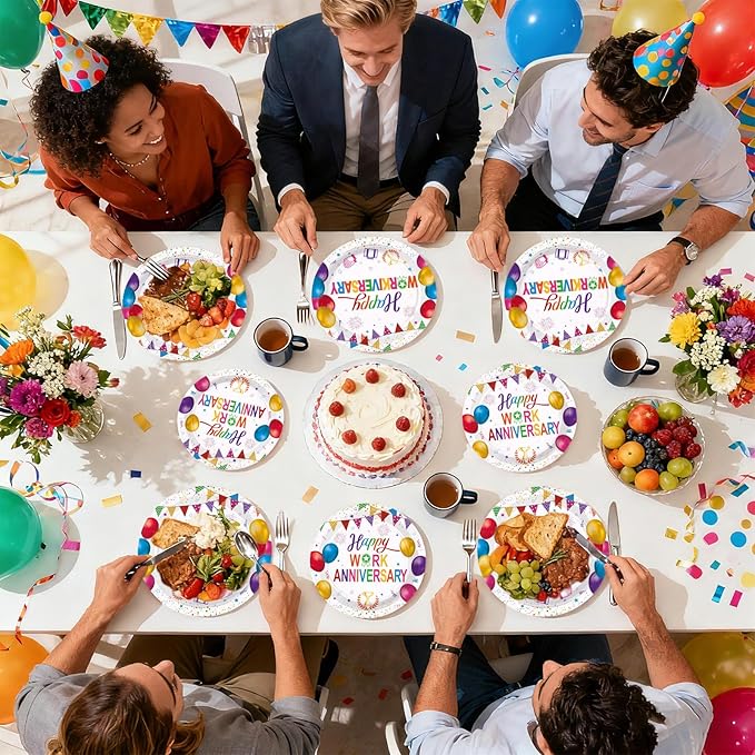 96Pcs Happy Work Anniversary Party Supplies Colorful Happy Workiversary Plates and Napkins Colorful Work Office Paper Tableware Set for Employee Worker Appreciation Party Supplies Serves 24