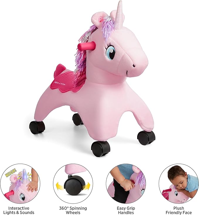 Radio Flyer Shimmer The Magic Unicorn Ride On, Ages 1-3, Interactive Lights & Sounds, Horn Lights Up While Riding, EZ-Glide 360-degree Wheels, Easy Grip Handles, Soft Plush Face, Toddler Ride On Toys