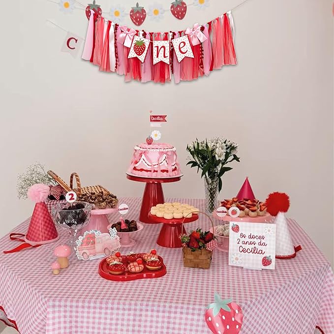 Strawberry One High Chair Banner - Berry Sweet First Birthday Party Decorations,One Red Strawberry Banner,Sweet 1st Birthday Cake Smash Party Supplies,Berry Girl Party Photo Prop (red)