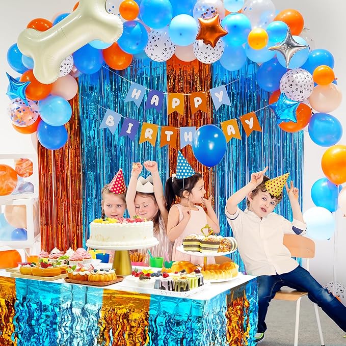 Blue Dog Birthday Party Decorations Supplies, Blue Tinsel Foil Fringe Curtain Backdrop Table Skirt Decor Balloon Garland Arch Happy Birthday Banner Kit for Boy Girls -110 Pcs