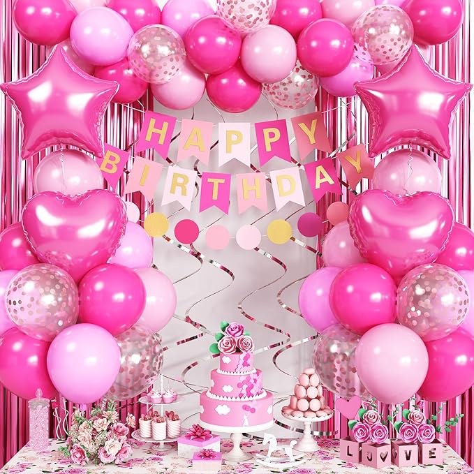 Pink Birthday Decorations for Girls, Hot Light Pink Balloon Garland Arch Kit Happy Birthday Banner Foil Curtain Heart Star Foil Party Balloons for Princess Party Decor