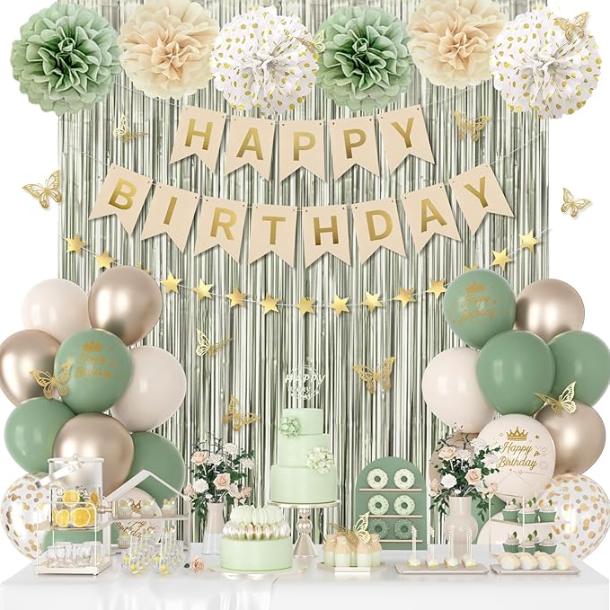 Sage Green Birthday Decorations for Women Girls, Green Sand Gold Confetti Metallic Printed Balloons Butterfly Stickers Fringe Curtain Happy Birthday Banner Star Garland Paper Pompoms Party Supplies