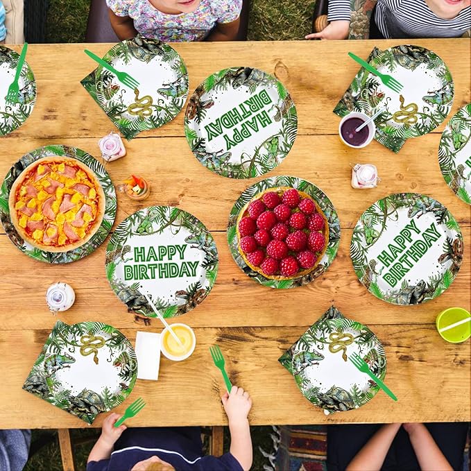 96Pcs Reptile Birthday Party Supplies Lizard Snake Turtle Birthday Party Plates and Napkins Green Reptile Wild Tableware Set for Tropical Wild Greenery Favors Serves 24