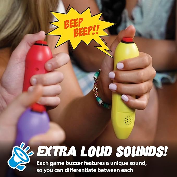 Teacher's Choice 4 Player Wireless Handheld Game Buzzer System - Displays First Buzz-in - Great for Jeopardy, Family Feud, Trivia and Buzzer Games - Console with 4 Joystick Buzzers, 4 Unique Sounds