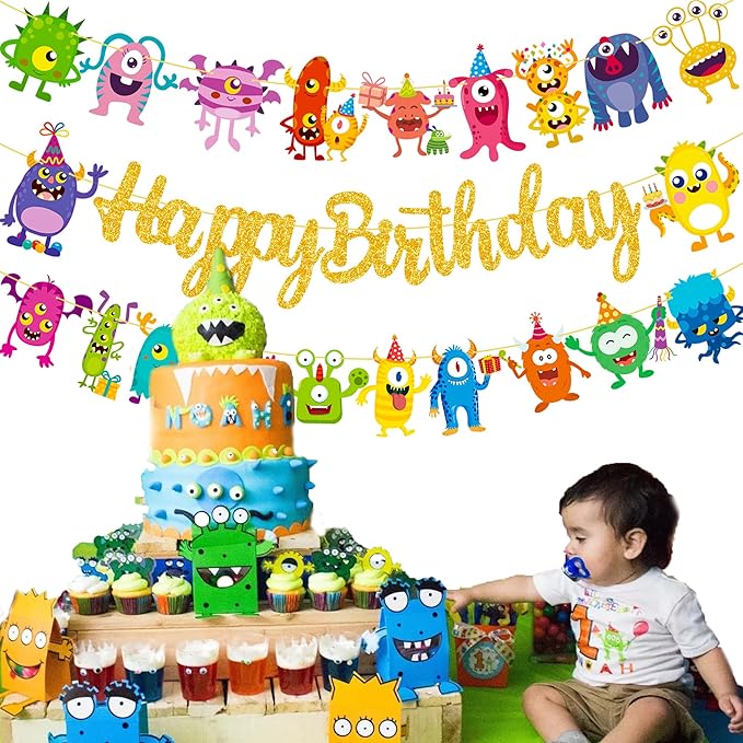 Monster Happy Birthday Banner Monster Bash Birthday Party Supplies Glitter Little Decorations for Kids Little Monster Theme Baby Shower Birthday Banner Supplies