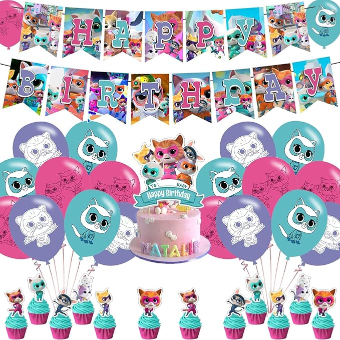 Karg Super Kitties Themed Birthday Party Supplies, Cartoon Kitty Balloons, Cupcake & Cake Toppers, Latex Balloons
