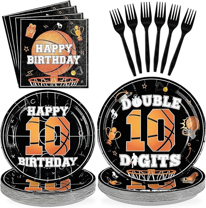 96pcs 10th Birthday Party Supplies Basketball Plates and Napkins Disposable Basketball Sports Theme Tableware Set for Boys Kids 10 Years Old Happy Birthday Party Decorations, Serves 24