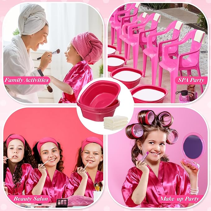 24 Pcs Kids Spa Party Supplies Includes 6 Spa Party Robes 6 Basins 6 Makeup Headband 6 Towels for Sleepover Bath (Rose Red)