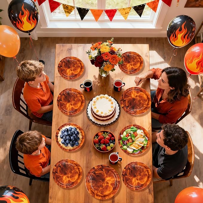 96Pcs Fire Party Decorations Fire Flame Plates and Napkins Fireman Themed Tableware Set for Firefighter Birthday Bonfire Firetruck Theme supplies Party Supplies Serves 24