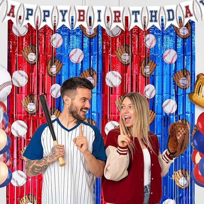 4 Pack Baseball Tinsel Foil Fringe Curtains Backdrop Party Decorations, Blue and White Red Door Streamers Banner Sports Themed Birthday Party Decor Supplies for Boys Favor