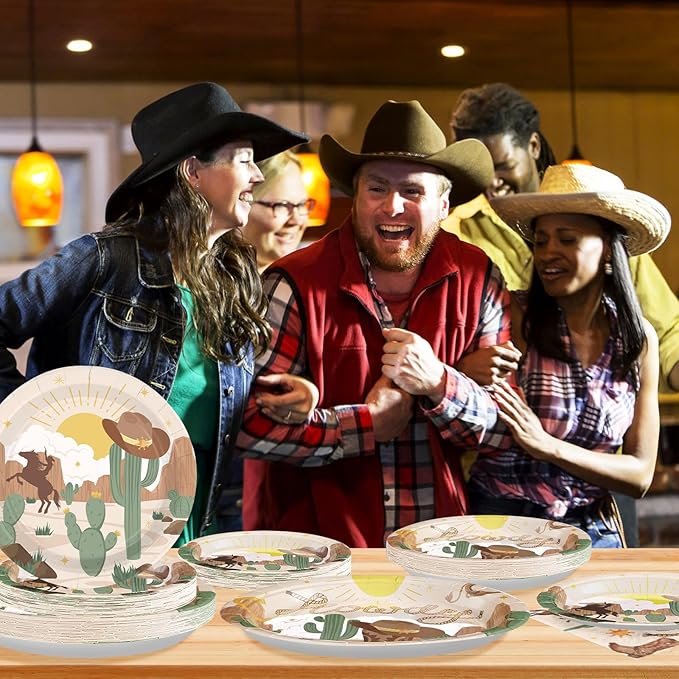 96 Pcs Western Rodeo Party Supplies 350 GSM Western Cowboy Plates and Napkins Howdy Cowgirl Tableware Set for Yeehaw Western Wild West Theme Birthday Party Decorations Baby Shower Favors Serves 24