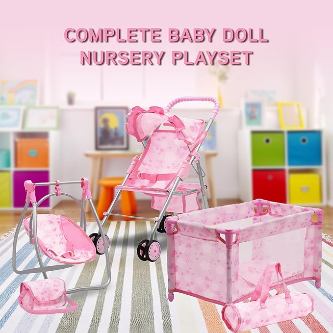 Baby Doll Stroller Bed and Swing Nursery Playset, Baby Doll Accessories Furniture Set Convertible High Chair Diaper Bag Role Play Deluxe Baby Doll Set