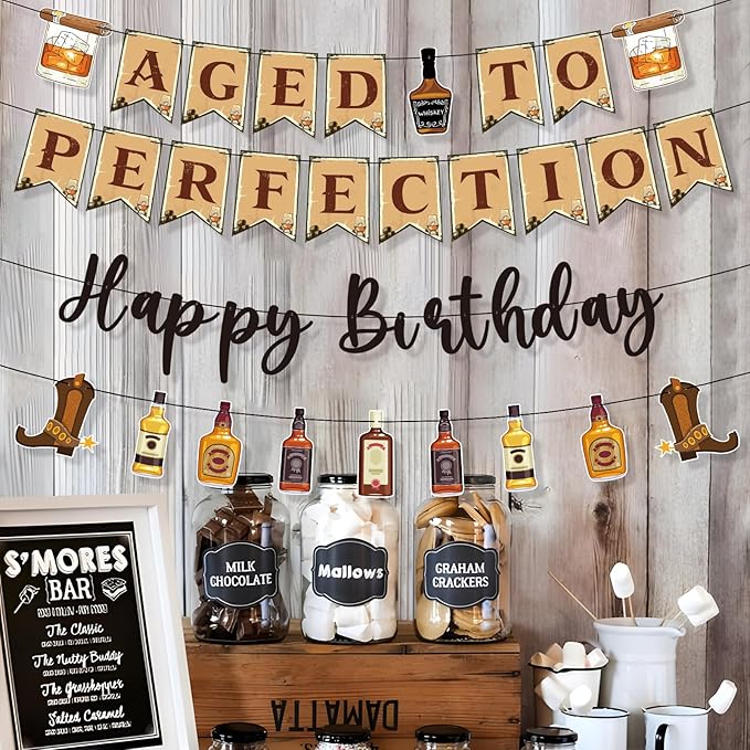 Aged to Perfection Birthday Decorations - Birthday Decorations for Men Whiskey Banners Beer Party Supplies Over the Hill 40th 50th 60th Bday Party Decor