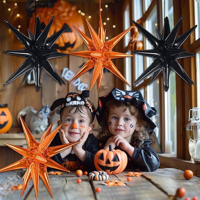 TONIFUL 4Pcs 22 Inch 4D Huge Star Balloons,Explosion Star Mylar Foil Balloons for Halloween Party Supplies Backdrop,Christmas,New Year,Birthday, Wedding,Photo Booth Ornament (Black Orange)