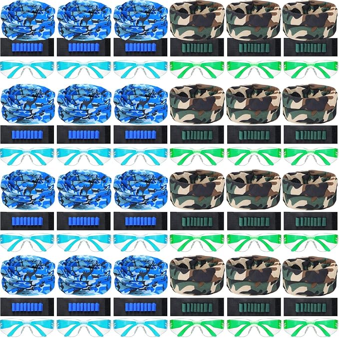 Sosation 24 Sets Nerf Party Supplies for Boys Girls 72 Pcs Gun Party Favors Two Team Nerf War Birthday Pack Safety Glasses Face Mask Wrist Belt Band Accessories Children Kids Toy Bulk(Blue and Green)