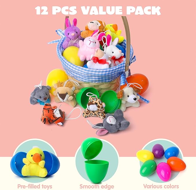 JOYIN 12 Pcs Prefilled Easter Eggs of Mini Stuffed Animal Plush Toys Basket Stuffer for Kids Easter Egg Hunt Filler and Party Favors, Classroom Prize Supplies