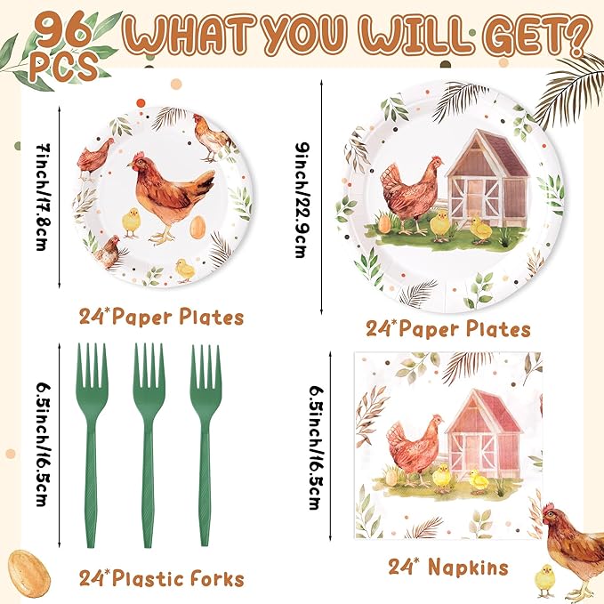 96Pcs Chicken Barnyard Farm Animal Watercolor Hen Chick Party Plates Supplies Tableware Decoration Disposable Paper Plate Napkin Fork for Kids Birthday Baby Shower, Serves 24