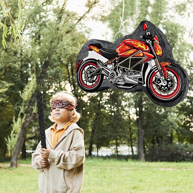 Hooqict Motorcycle Birthday Decorations Motorcycle Car Pinata with Pinata Stick & Blindfold for Kids Boys Racing Car Theme Birthday Party Supplies Decorations