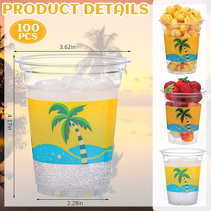 Rtteri 100 Pcs 12oz Luau Cups Plastic Hawaiian Coconut Tree Drinking Cups Bulk Disposable Palm Tree Tiki Drinkware for Summer Beach Party Supplies Luau Hawaiian Decorations(Waves)