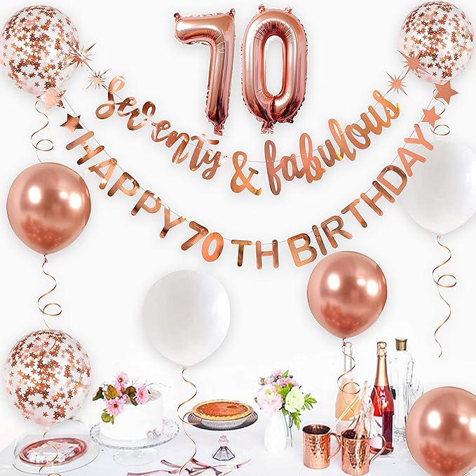 Rose Gold Seventy & Fabulous Happy 70th Birthday Banner Garland Foil Balloon 70 for Womens 70th Birthday Decorations Hanging 70 and Fabulous Cheers to 70 Years Old Birthday Party Supplies Backdrop