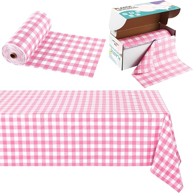 Kochorie 54 Inch x 300 Ft Light Pink Checkered Plastic Table Cloth Roll Disposable Waterproof Table Cover Plastic Table Cover Roll with Easy Slide Cutter for Outdoor Picnic/Home Dining/Spring Party