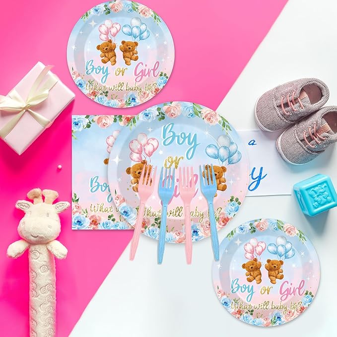 96 Pieces Bear Gender Reveal Theme Tableware Set for Gender Reveal Party Table Decor Supplies Boy or Girl Dessert Plates Napkins Forks for 24 Guests Pink Blue Bear Baby Shower Disposable Party Favors