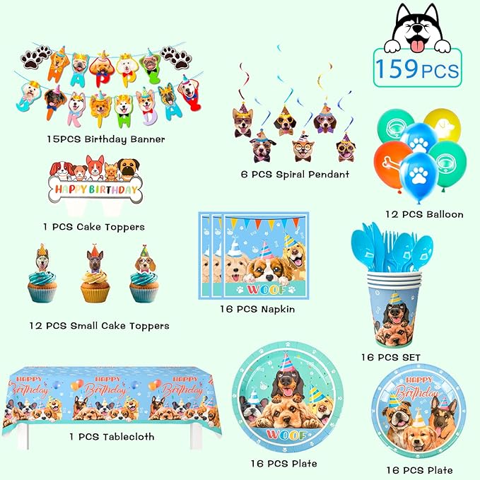 159 Pcs Puppy Birthday Party Decorations, 16 Guests Dog Birthday Tableware Set Dog Party Plates Cups Napkins Tablecloth Banner Balloon Cake Topper etc Puppy Themed Party Supplies