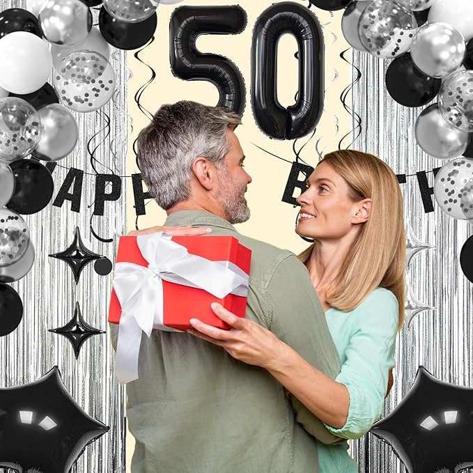 50th Birthday Decorations for Men Women- Black Silver Happy 50th Birthday Party Decor With Banner Backdrop,Number 50 Foil Balloon -Black White Balloons Garland Arch Kit for 50 Years Old Anniversary