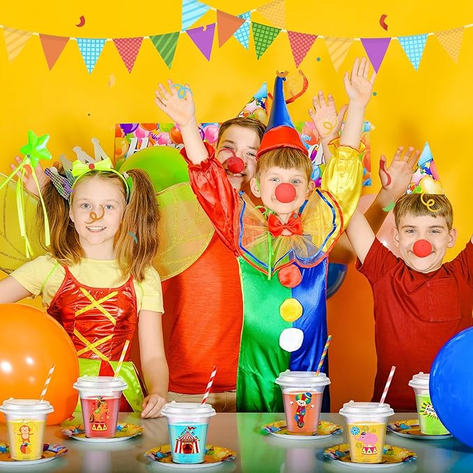 Boao 36 Sets Circus Carnival Cups with Lids and Paper Straws 14 oz Circus Carnival Birthday Party Supplies Favors Disposable Clear Plastic Cups Bulk
