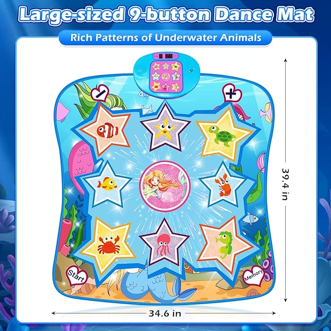 Dance Mat, Ocean-Themed Dance Game Toy Pad with LED Lights, Gift for Kids Girls 3-12, Adjustable Volume, Built-in Music, 5 Challenge Levels, Non-Slip & Foldable Rhythm Step Play Mat