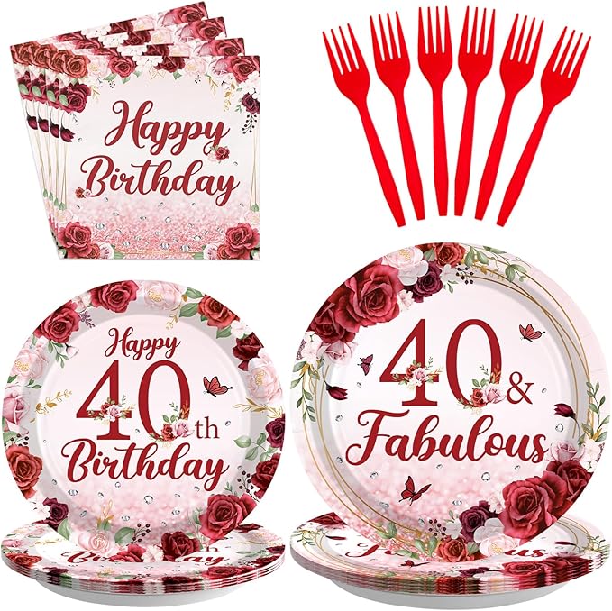 96Pcs Burgundy 40th Birthday Party Supplies Rose Gold Floral 40 and Fabulous Plates and Napkins Tableware Sets for Womens Burgundy Happy 40 Years Old Birthday Decorations Serves 24 ﻿