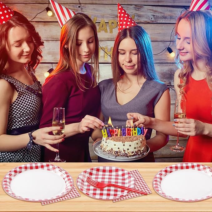 96 Pcs Red Gingham Party Decorations Red and White Buffalo Checked Plaid Plates and Napkins Disposable Gingham Tableware Sets for Summer Pizza BBQ Picnic Baby Shower Birthday Party Supplies Serves 24