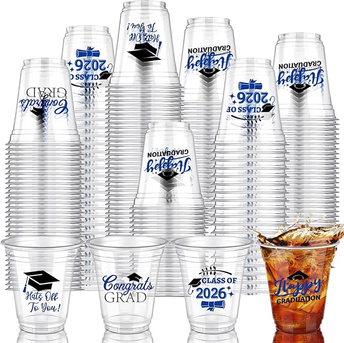 Eaasty 100 Pcs 12oz Graduation Cups 2026 Disposable Plastic Cups for Class of 2026 Graduation Party Congrats Grad Elegant Party Supplies Tableware Decorations (Blue)