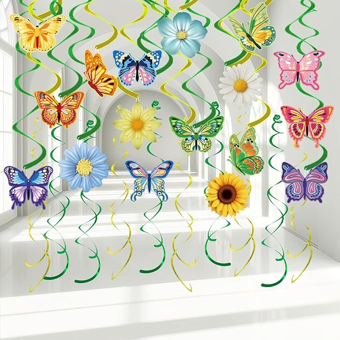 33pcs Spring Hanging Decorations for Home, Flower Butterfly Hanging Swirl Streamers for Spring Summer Easter Flower Butterfly Themed Birthday Party Classroom Decorations