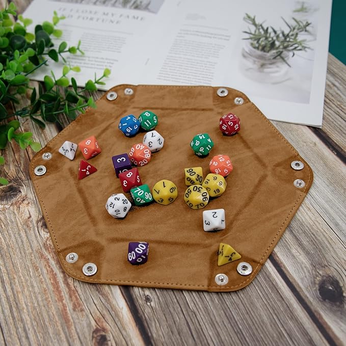 SIQUK 6 Pieces Dice Tray Hexagon Dice Rolling Holder Folding PU Leather Dice Trays for Dice Games Like RPG, DND and Other Table Games(Camel, Black, Red, Yellow, Blue, Green)