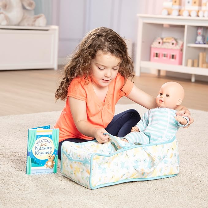 Melissa & Doug Mine to Love Bassinet Play Set Portable Carrier for Dolls with Crinkle Toy, Nursery Rhyme Book
