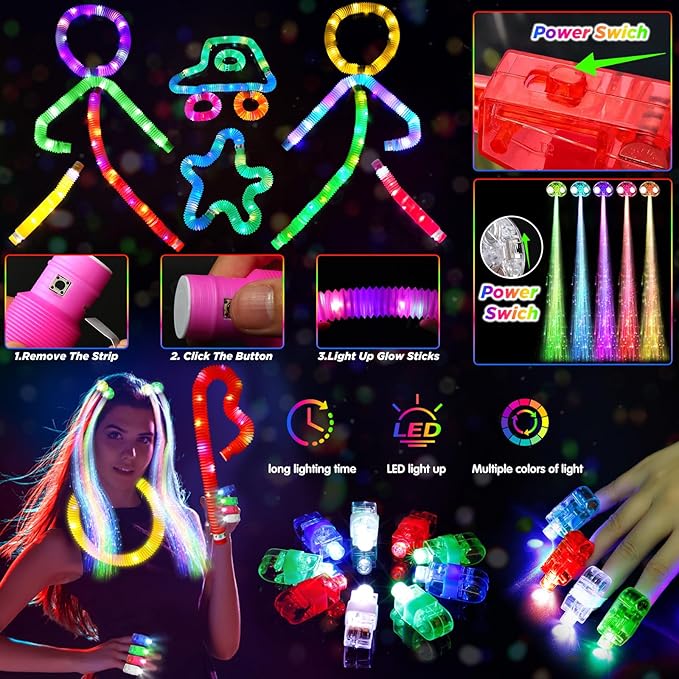 Party Supplies, Glow in the Dark Party Favors for Adults Kids, 27 Carnival Accessories, 56 LED Light Up Toys Bulk, 100 Glow Sticks Party Pack, Neon Party Supplies & Decorations