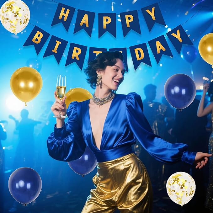 Blue And Gold Birthday Decorations for Men,Fringe Curtains Happy Birthday Banner,Red balloons,Cake Toppers for Boys