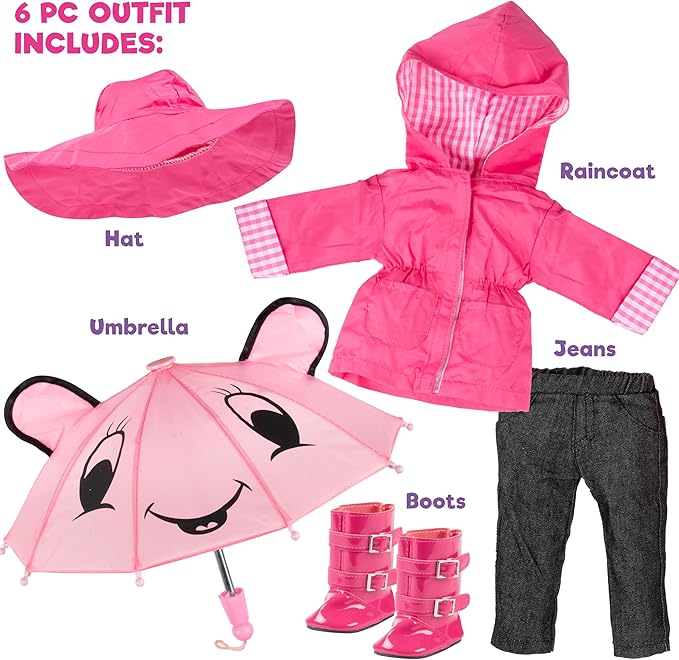 6pc Spring Rainy Day 18" Doll Outfit- Compatible with American Girl- Premium Clothes & Accessories Set Includes Raincoat, Working Umbrella, Rain Boots, Hat, Pants & Shirt- Easter Basket Stuffer