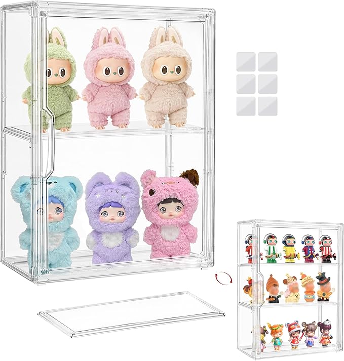 Attelite Acrylic Display Cases for Collectibles,3 Layer Clear Display Case with Magnetic Door,Desktop Clear Showcase with 2 Adjustable Divider Storage Box for Action Figure