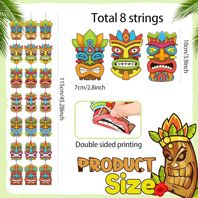 Pasimy 8 Pieces Hawaiian Party Decorations Hawaiian Tiki Hanging Banner Aloha Luau Garlands Banners for Summer Tropical Theme Birthday Party Supplies