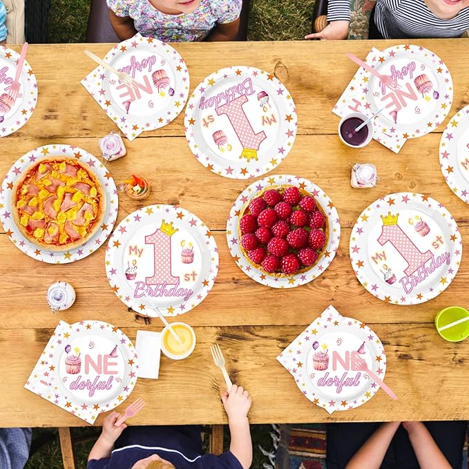 96 Pcs Pink First Birthday Party Decorations Sweet One Happy 1st Birthday Plates and Napkins Pink Party Crown Tableware Set for Girl 1-Year-Old-Birthday Supplies, Serves 24