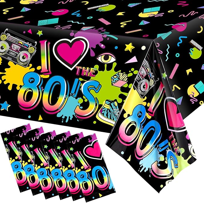 Tegeme 6 Pack 80s Plastic Party Tablecloth 80's Party Table Cover 80s Birthday Supplies The 80's Hip Hop Decoration Throwback Birthday Decoration for Dining Room, 54 x 108''