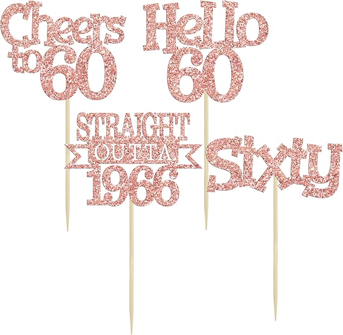 Ephlyn 24Pcs Happy 60th Birthday Cupcake Toppers Glitter Straight Outta 1966 Cupcake Picks Hello 60 Cheers to 60 Years Birthday Cake Decorations for 60th Birthday Anniversary Party Supplies Rose Gold