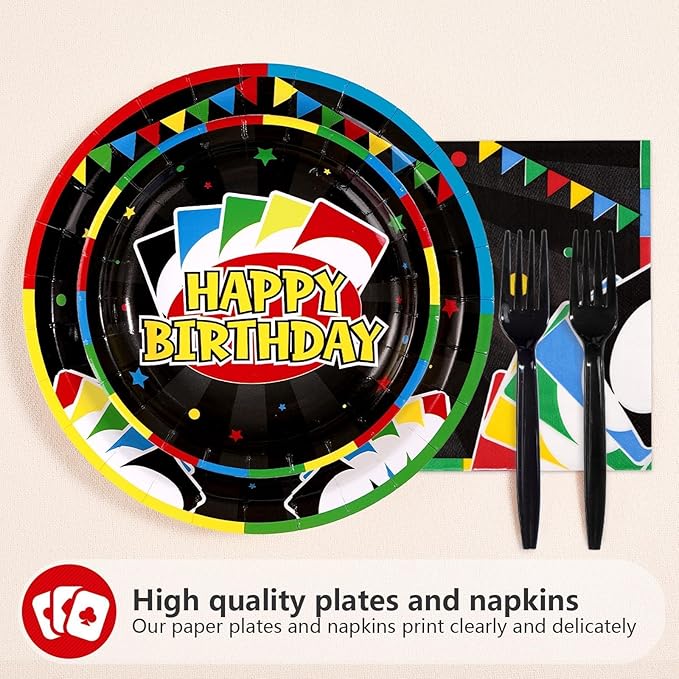 200Pcs Card Game Birthday Party Supplies Colorful Play Card Party Plates and Napkins Disposable Game Night Tableware Set for Adults Boys Cards Games Themed 1st Birthday Supplies, Serves 50